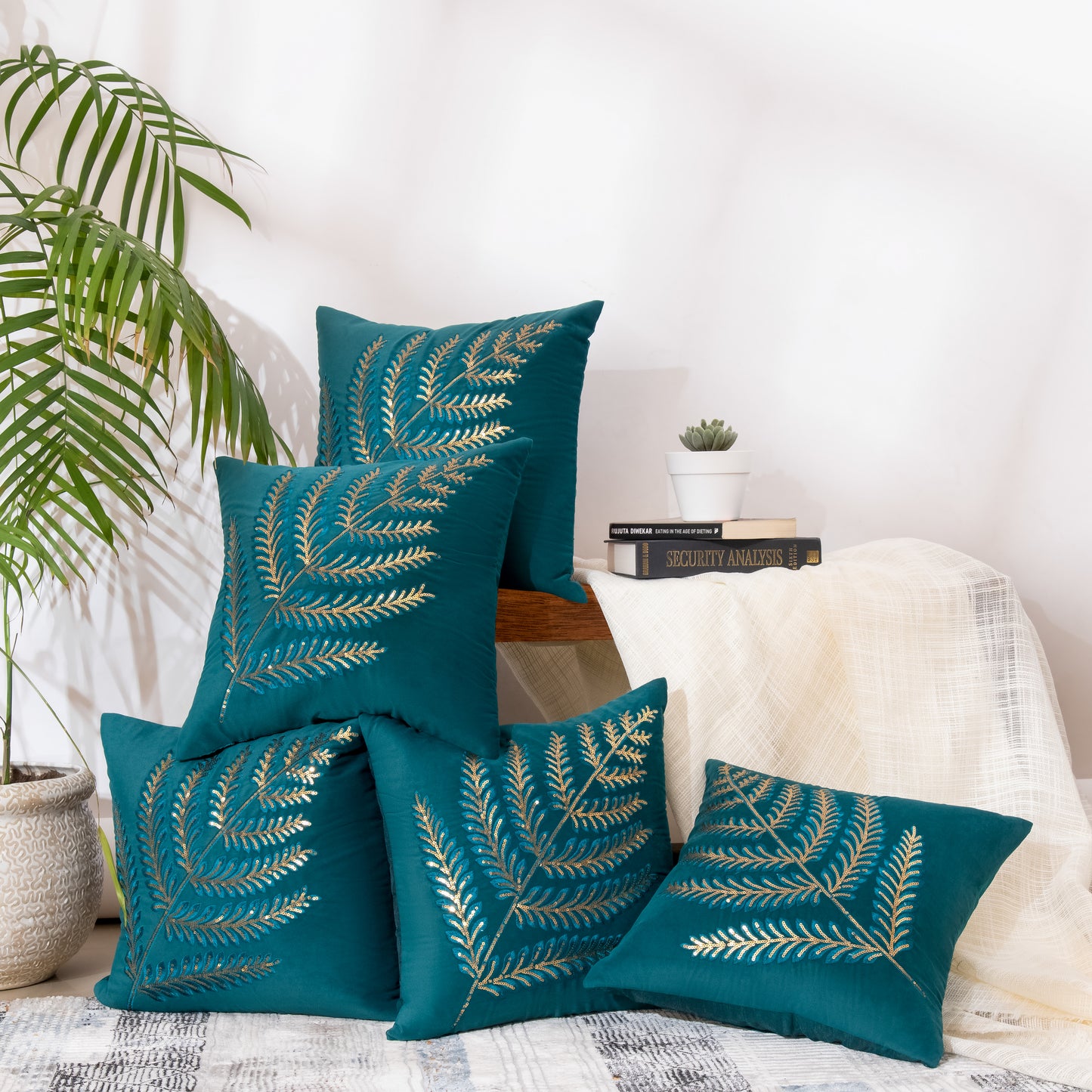 Sea Green Leaf Sequin Work Cushion Covers (Set of 5pcs)