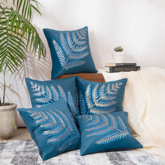 Blue Leaf Sequin Work Cushion Covers (Set of 5pcs)