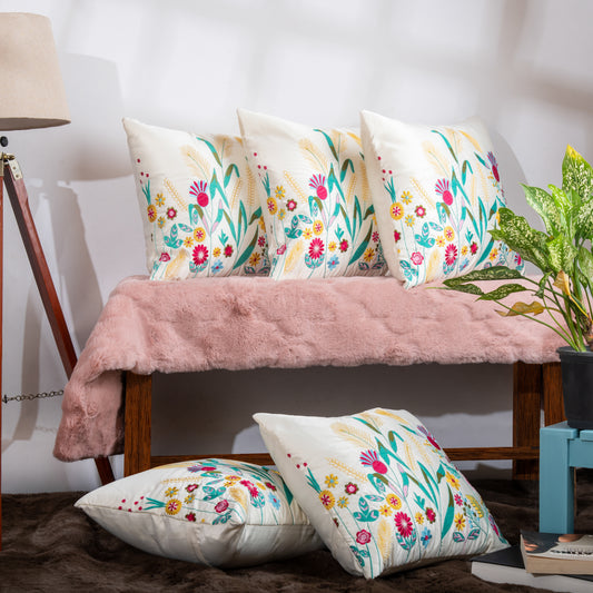 White Base Colorful Embroidery Cushion Covers (Set of 5pcs)