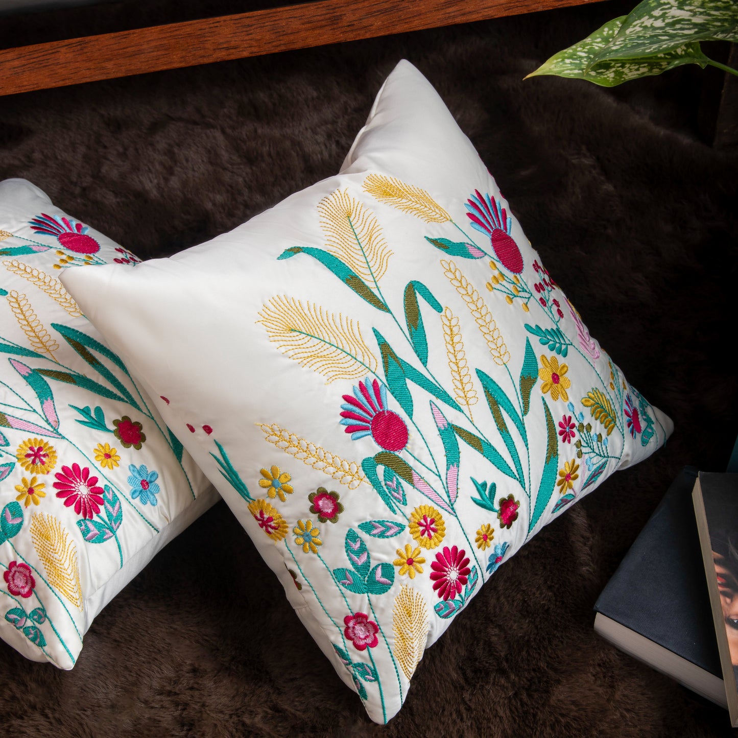 White Base Colorful Embroidery Cushion Covers (Set of 5pcs)