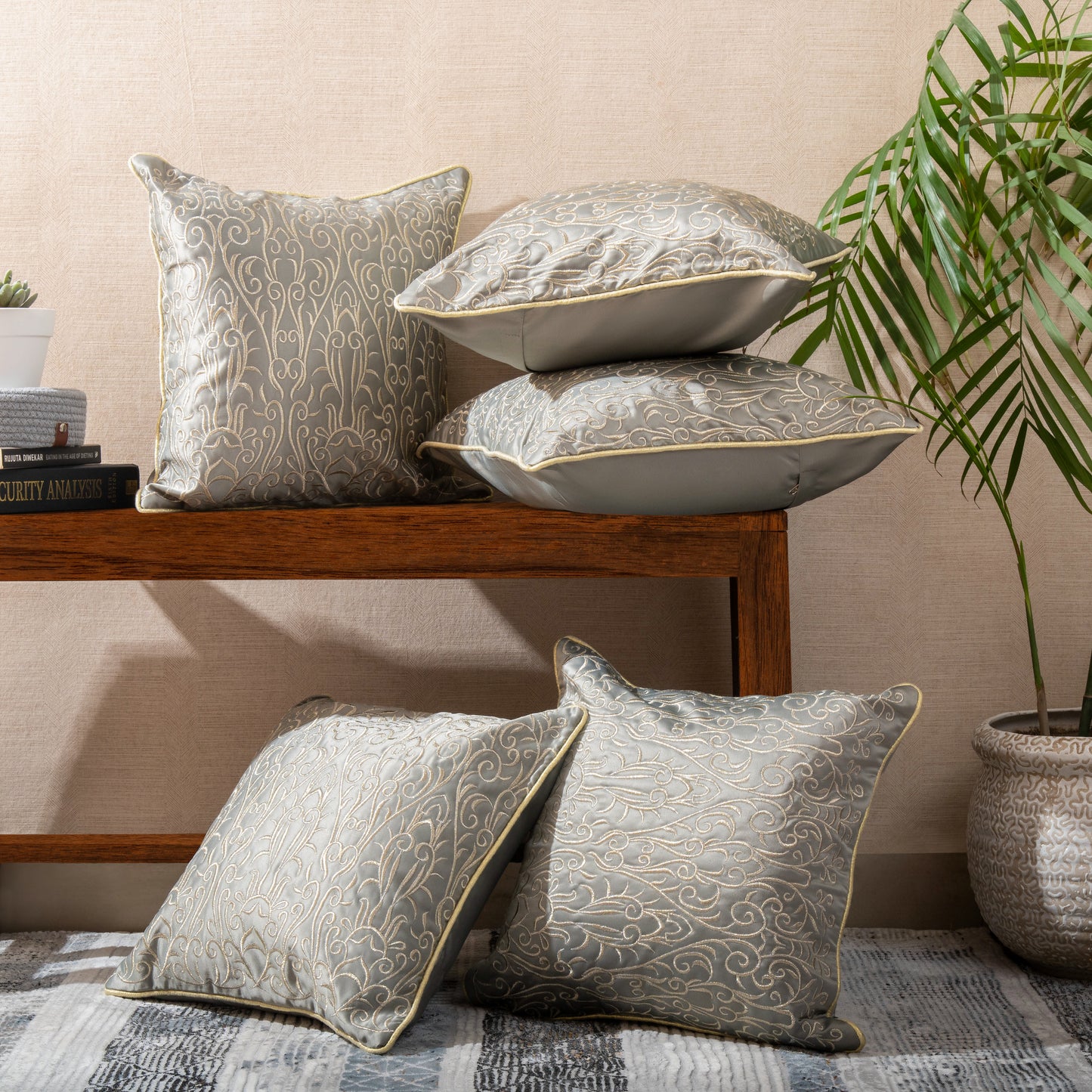 Grey & Golden Jari  Embroidery Cushion Covers (Set of 5pcs)