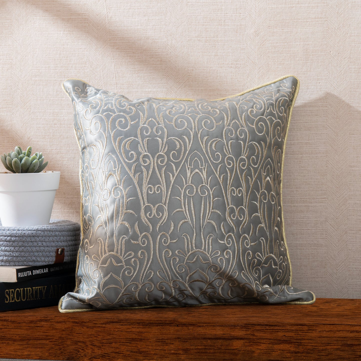 Grey & Golden Jari  Embroidery Cushion Covers (Set of 5pcs)