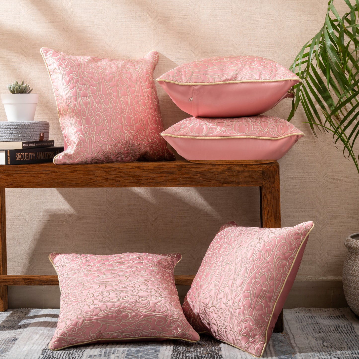 Pink & Golden Jari  Embroidery Cushion Covers (Set of 5pcs)