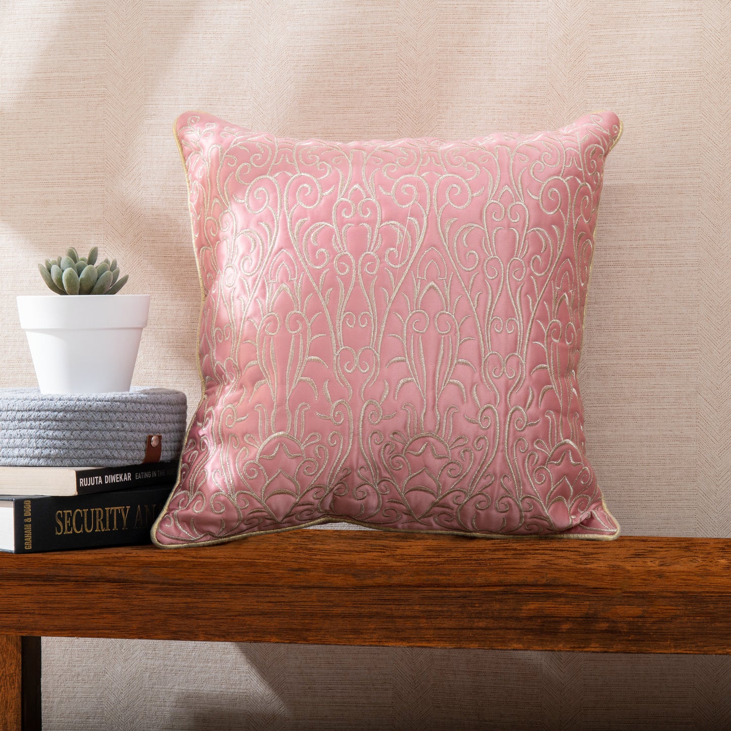 Pink & Golden Jari  Embroidery Cushion Covers (Set of 5pcs)