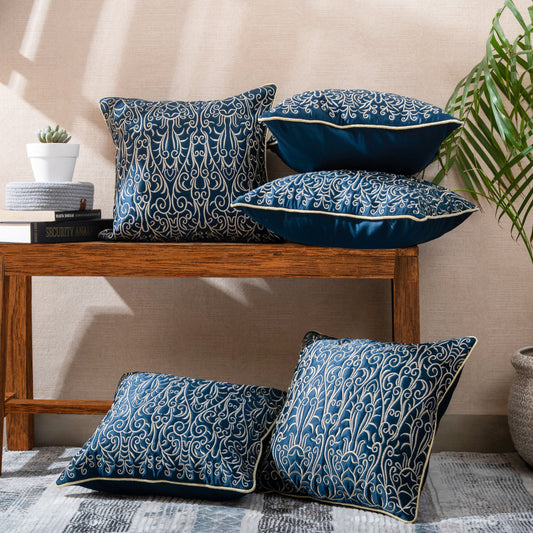 Blue & Golden Jari  Embroidery Cushion Covers (Set of 5pcs)