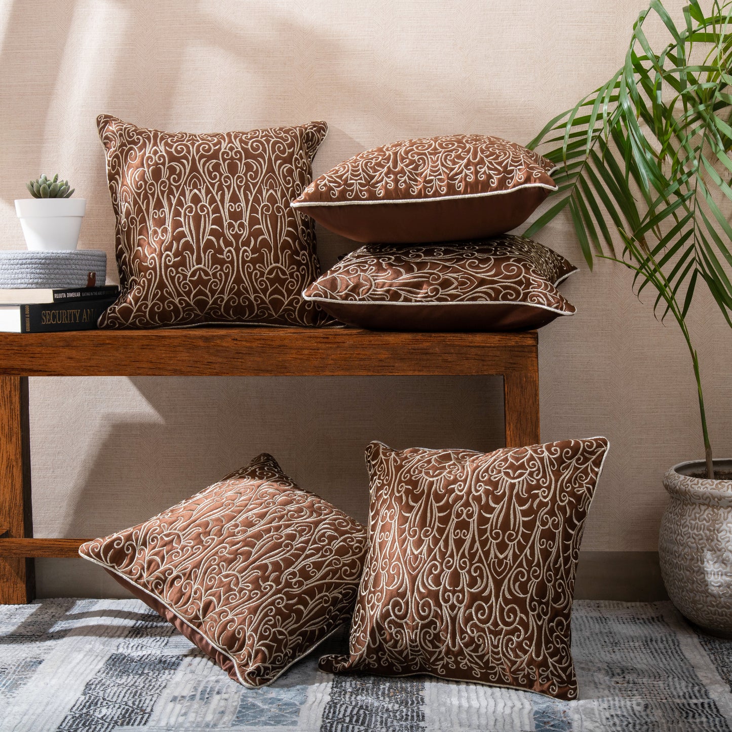 Brown & Golden Jari  Embroidery Cushion Covers (Set of 5pcs)