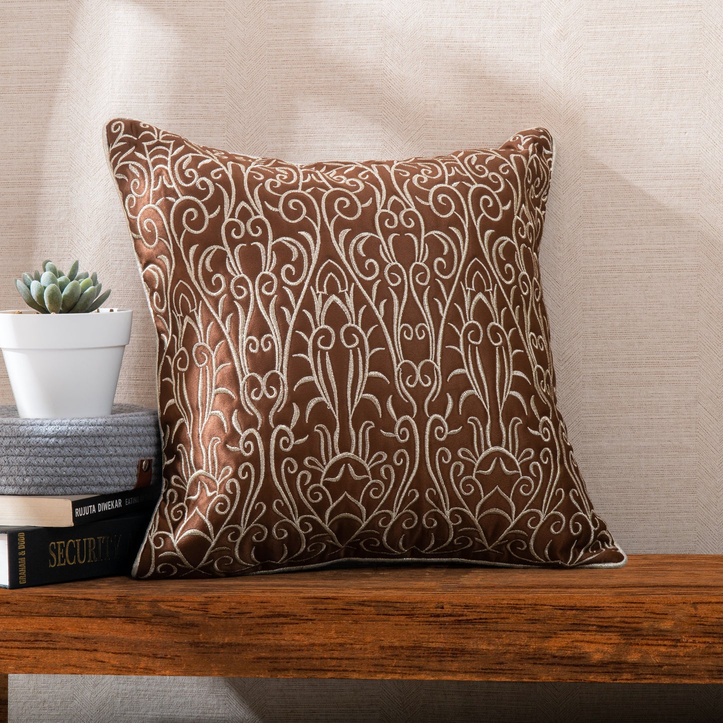 Brown & Golden Jari  Embroidery Cushion Covers (Set of 5pcs)