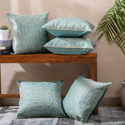 Sky Blue & Golden Jari  Embroidery Cushion Covers (Set of 5pcs)