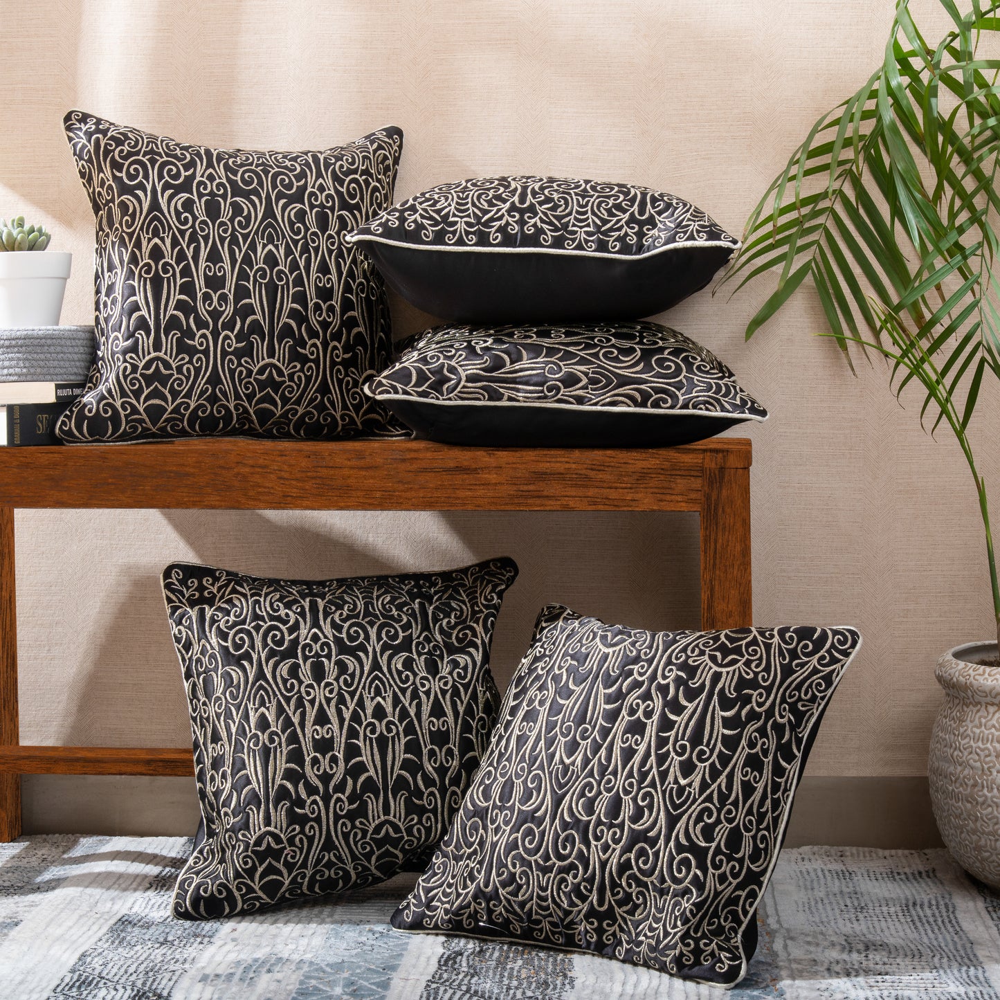 Black & Golden Jari  Embroidery Cushion Covers (Set of 5pcs)