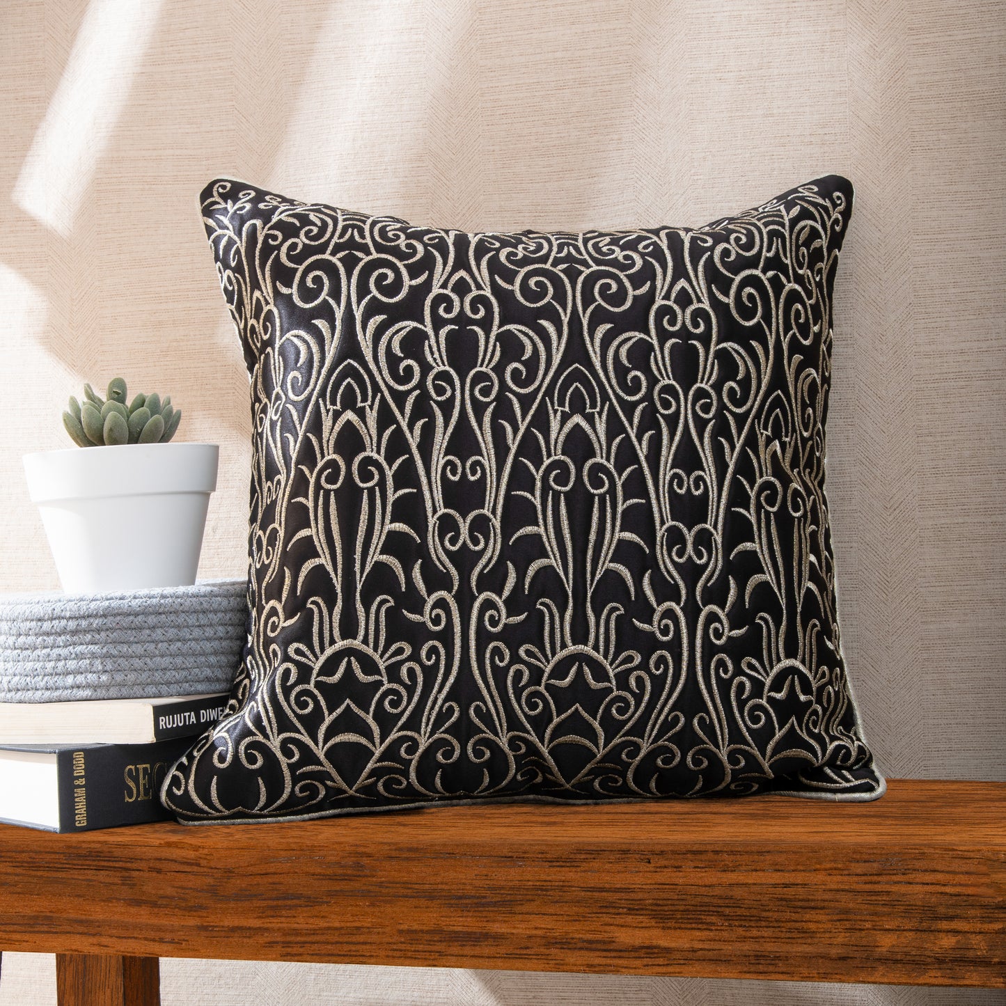 Black & Golden Jari  Embroidery Cushion Covers (Set of 5pcs)