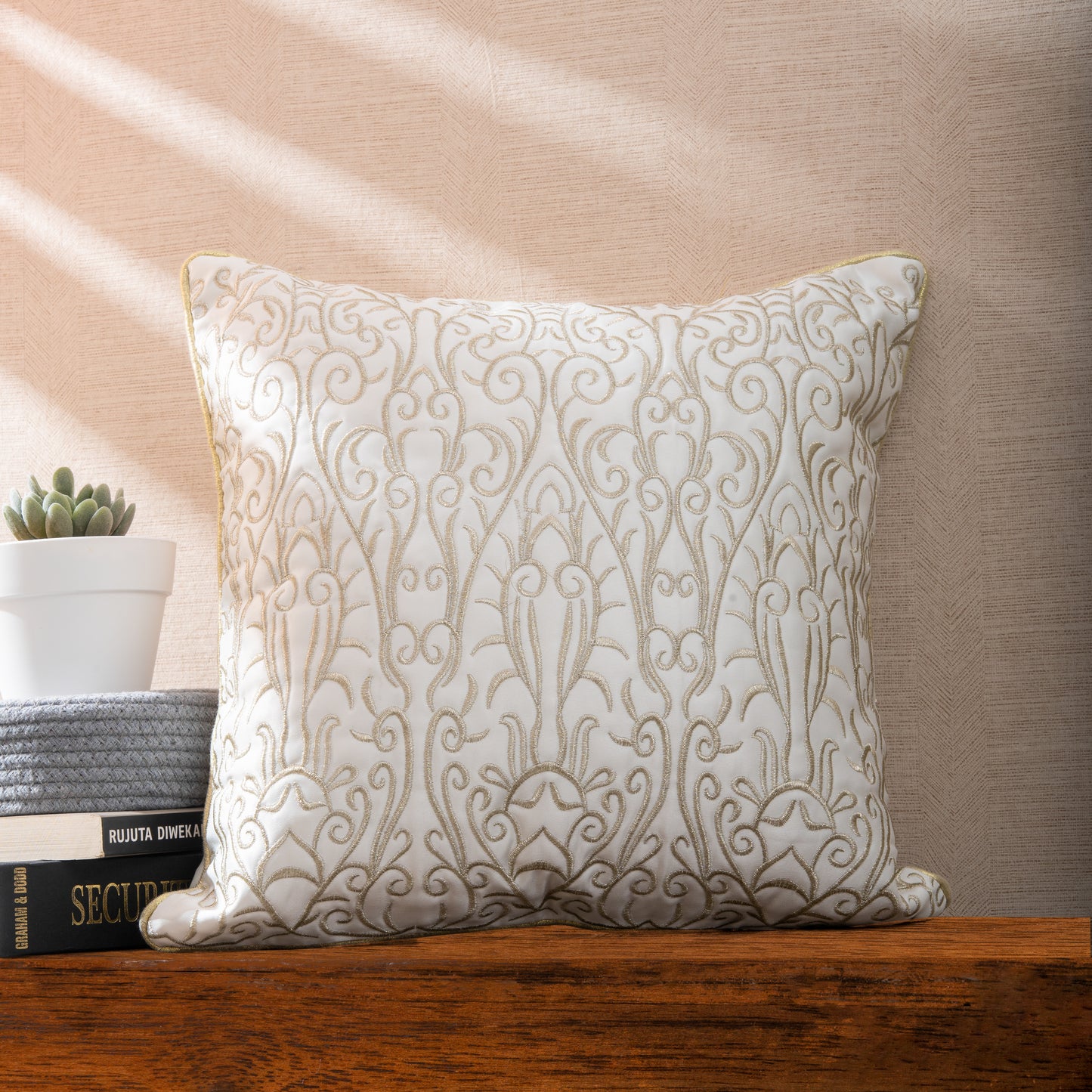 White & Golden Jari  Embroidery Cushion Covers (Set of 5pcs)