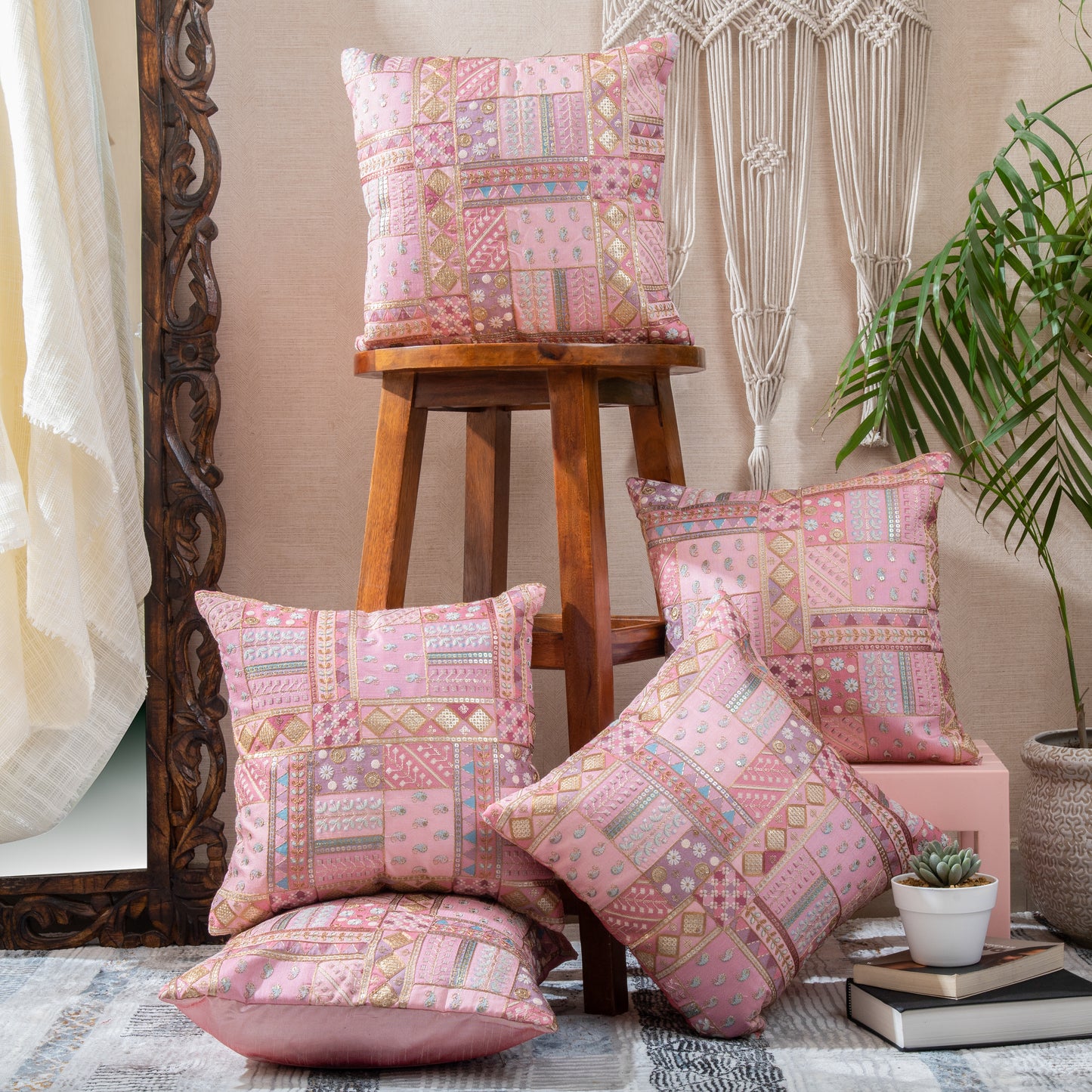 Baby Pink Brocade Jari Work Cushion Covers (Set of 5pcs)