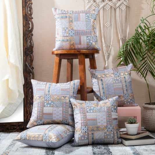 Blue Brocade Jari Work Cushion Covers (Set of 5pcs)