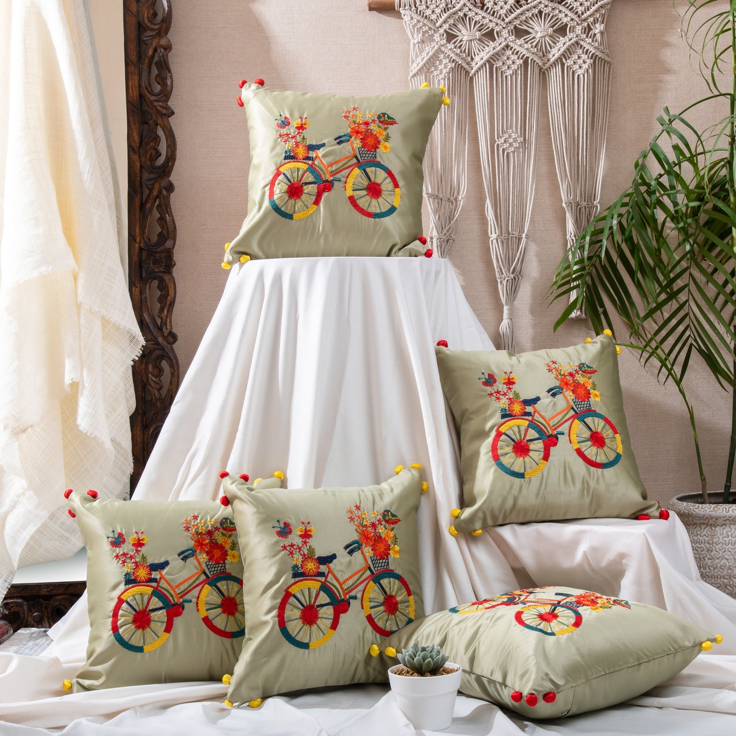 Beige Pom Pom Cushions Cover (Set of 5pcs)