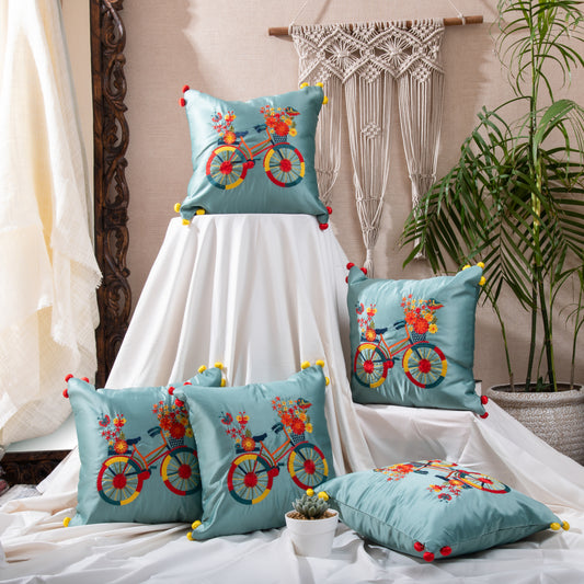 Sky Blue Pom Pom Cushions Cover (Set of 5pcs)