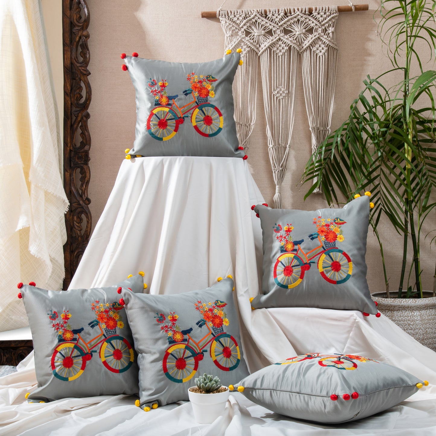 Grey Pom Pom Cushions Cover (Set of 5pcs)