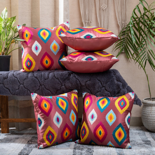 Onion Colour Embroided Cushion Cover  (Set of 5pcs)