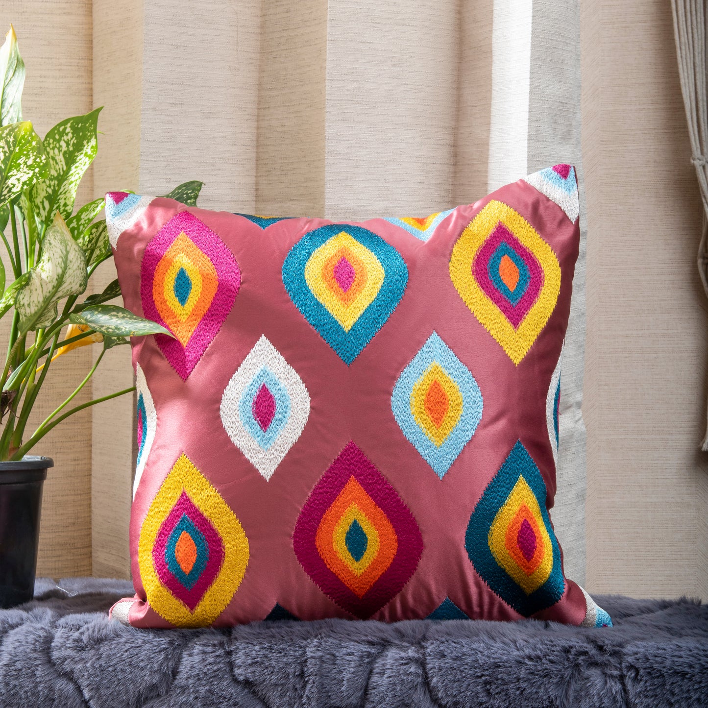 Onion Colour Embroided Cushion Cover  (Set of 5pcs)