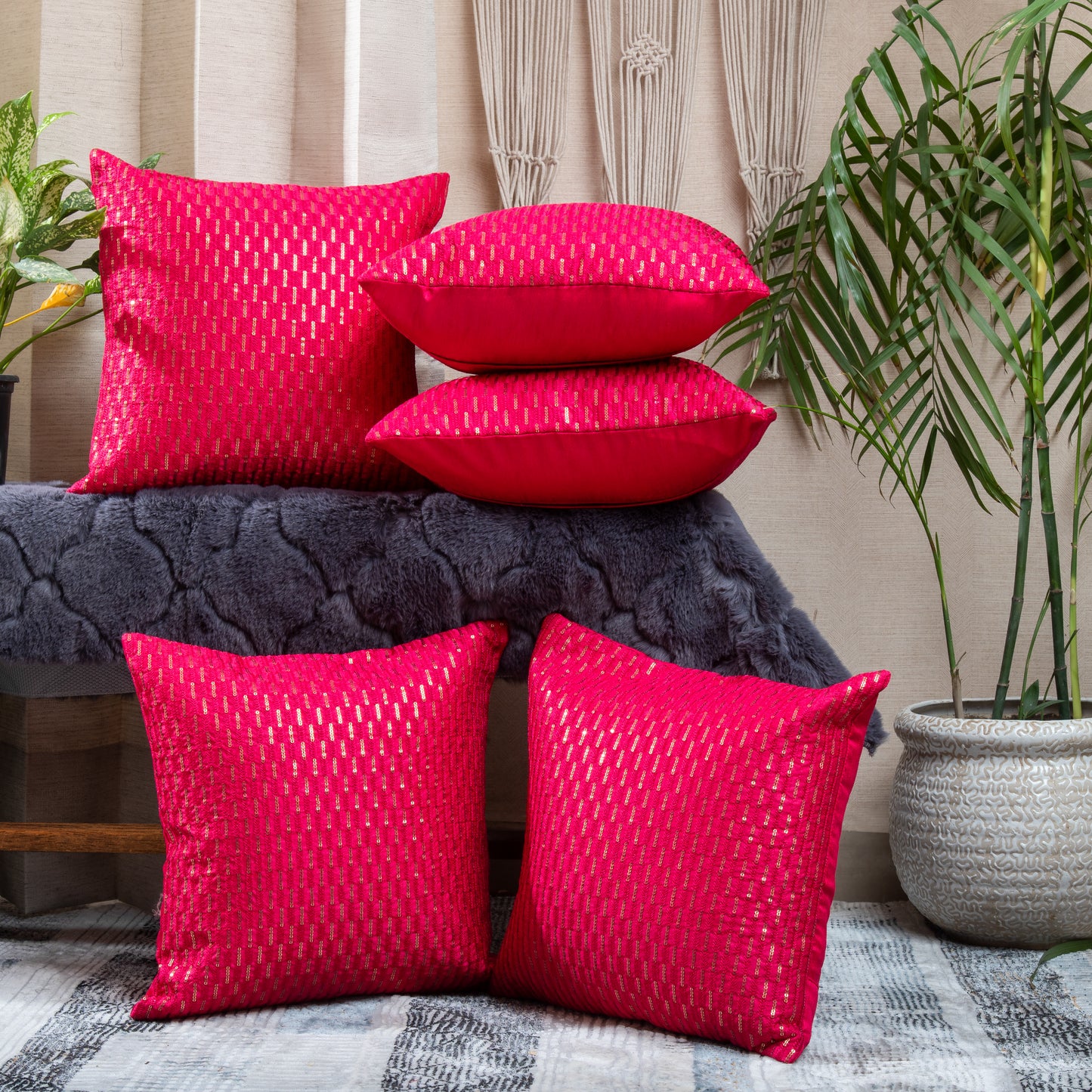 Pink (RANI) Embroiderd Cushion Covers (Set of 5pcs)