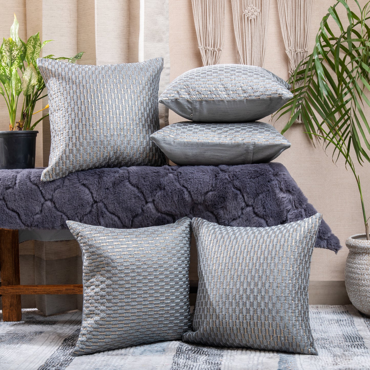 Grey Embroiderd Cushion Covers (Set of 5pcs)