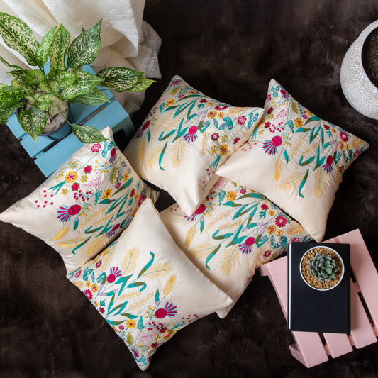 Off White Base Colorful Embroidery Cushion Covers (Set of 5pcs)